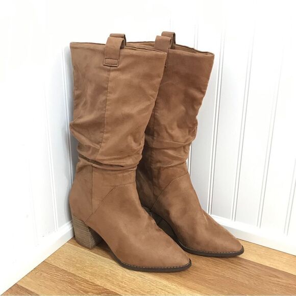REPORT Tariq Vegan Suede Leather Slouch Boot‎ High Block Heel Brown Size 8 - Picture 1 of 13